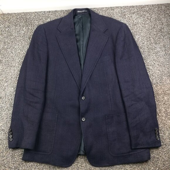 Polo Ralph Lauren Corneliani Blazer Sport Coat Flax Linen Blue Herringbone 44R - Picture 1 of 13